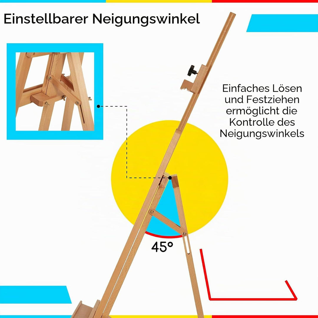 MEEDEN Basic Staffelei aus Holz: Staffelei für Bodenmalerei, Einstellbare Höhe von 145 bis 193 cm (5