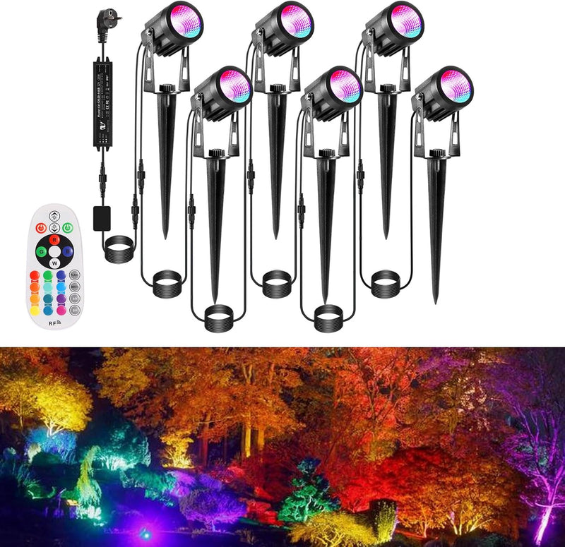 Greenclick RGB Gartenleuchte 21m 6er LED Gartenstrahler mit Strom Erdspiess 12V 3W 1800lm Farbig Gar