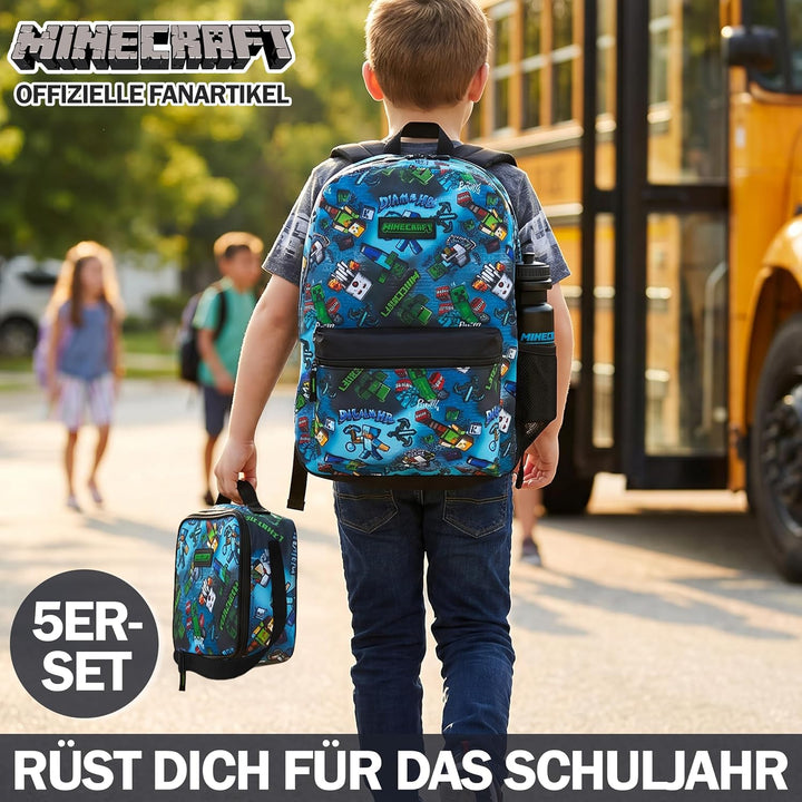 Get Trend Minecraft Rucksack Kinder 5er Set, Kinderrucksack mit Federmäppchen, Isolierte Lunchtasche