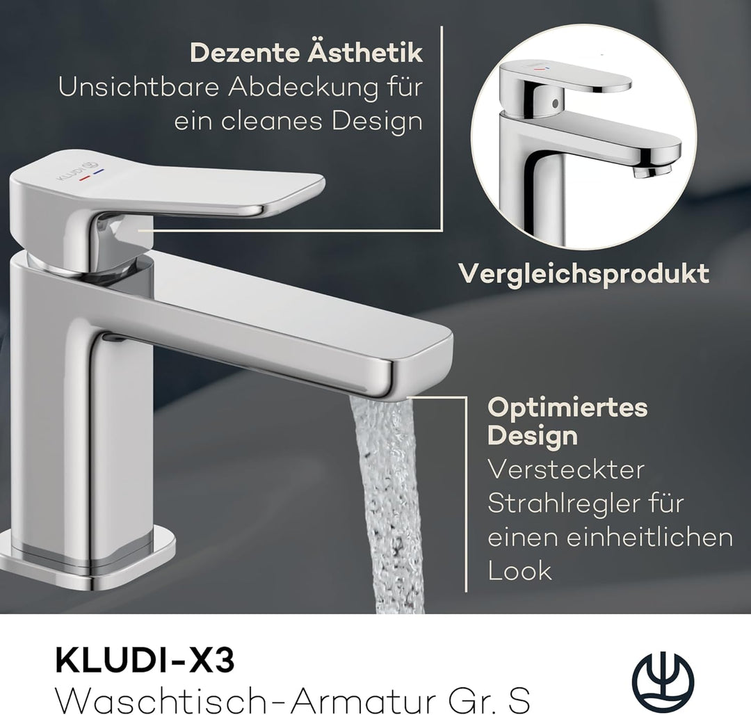 KLUDI-X3 Waschtischarmatur, Auslaufhöhe 85 mm, wassersparender Wasserhahn Bad Grösse S, Keramikkartu