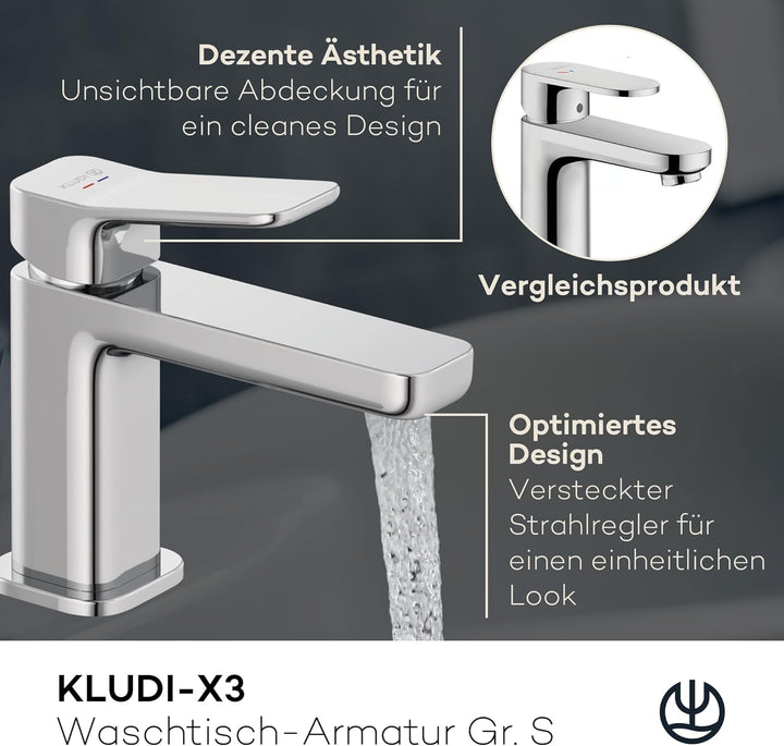 KLUDI-X3 Waschtischarmatur, Auslaufhöhe 85 mm, wassersparender Wasserhahn Bad Grösse S, Keramikkartu