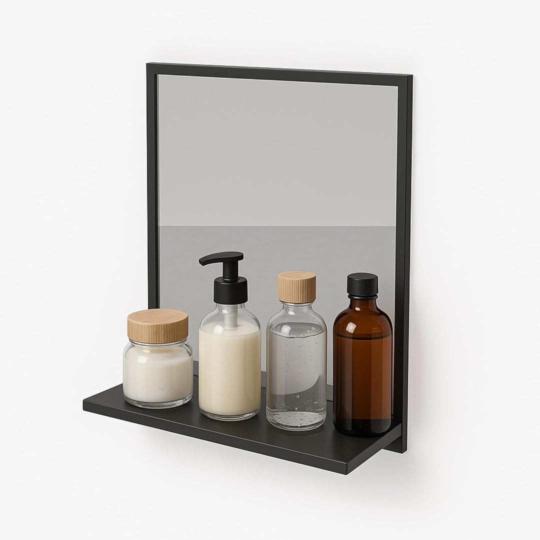 Badspiegel mit Ablage Schwarz - H:70 x B: 60 cm - Bathroom Mirror - Moderner Badezimmer Spiegel Rech