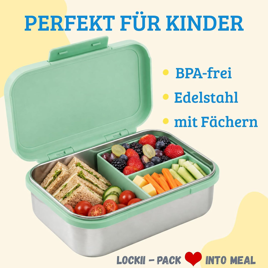 Kinder Brotdose Edelstahl 1000 ml mit Snackbox – Lunchbox mit Fächern, Edelstahl-Boden und BPA-freie