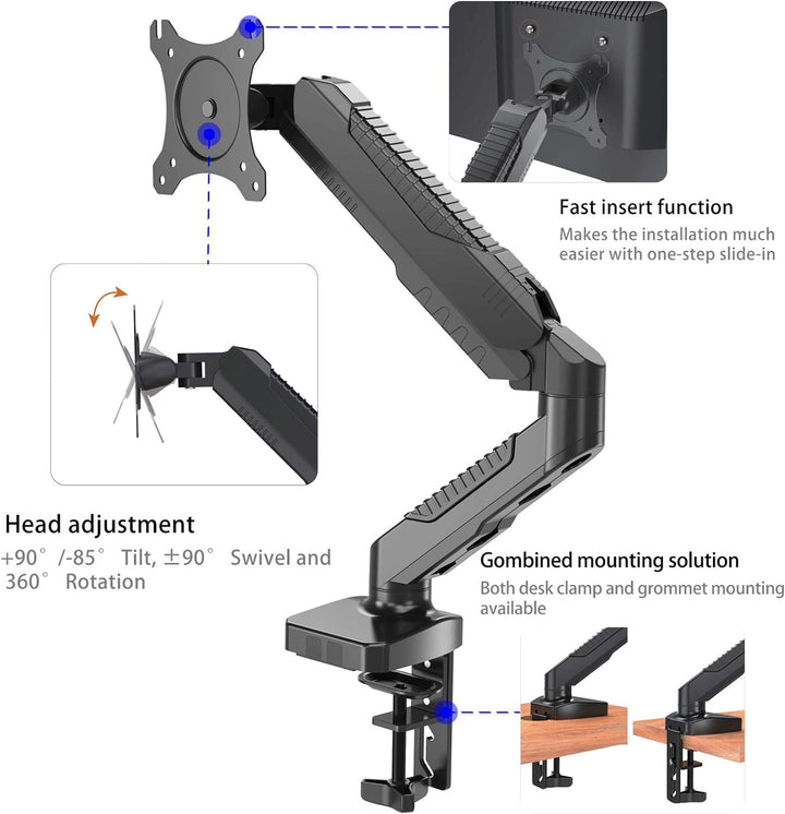 HFTEK Monitor Halter Tischhalterung für Bildschirme 15 bis 34 Zoll (6,5 kg) mit VESA 75/100 (HF12GMC