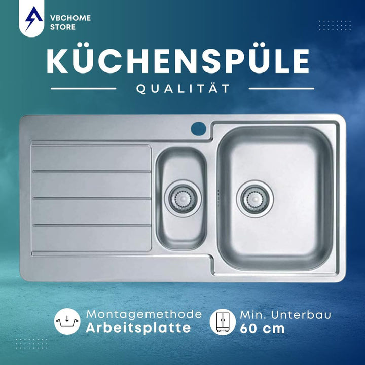 VBChome Einbauspüle 98 x 50 cm mit Hahnloch Abtropffläche Links Camping Küchenspüle - Satinstruktur