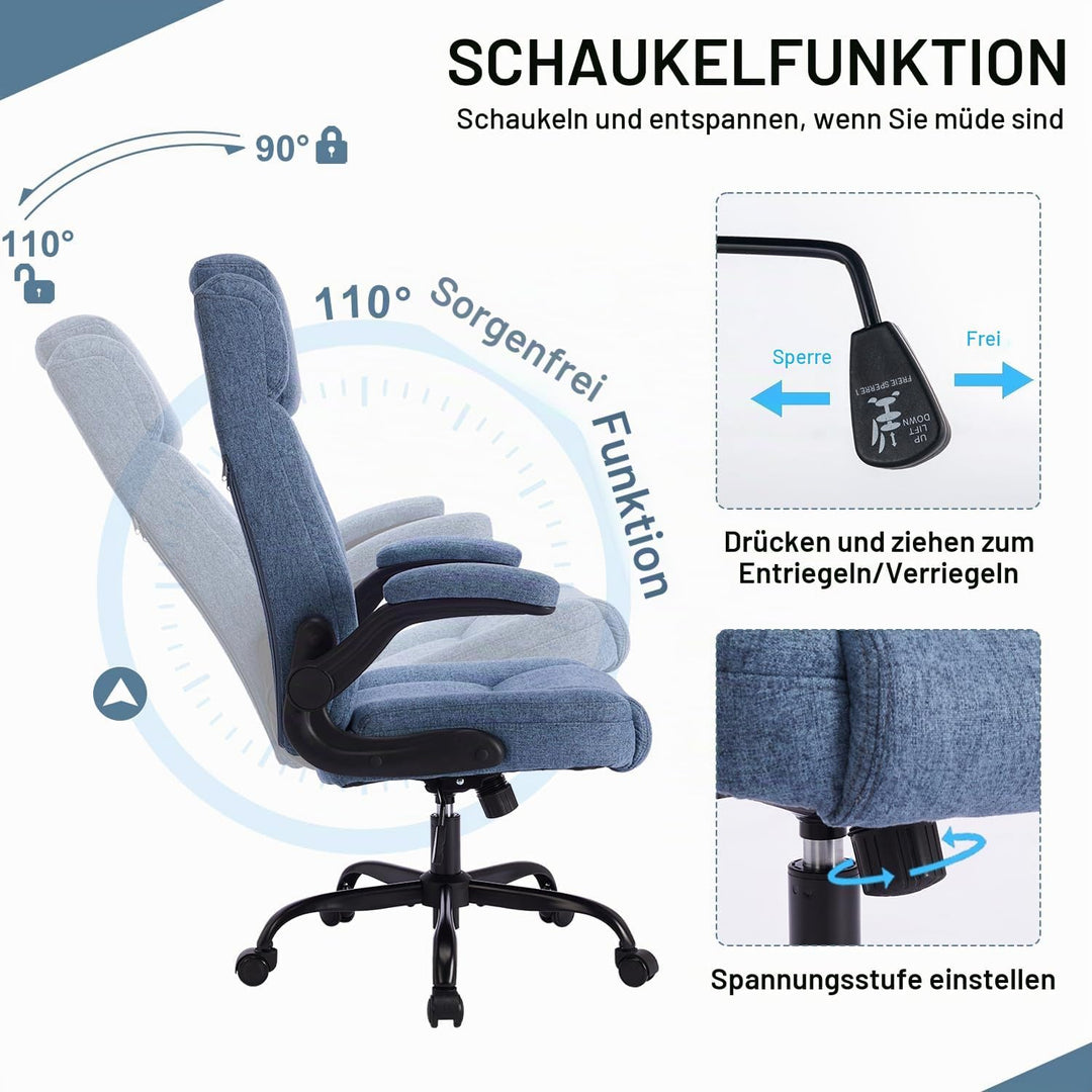 Bürostuhl Ergonomischer Computerstuhl 150KG Belastbarkeit Chefsessel Verstellbare Kopfstütze Flip-up