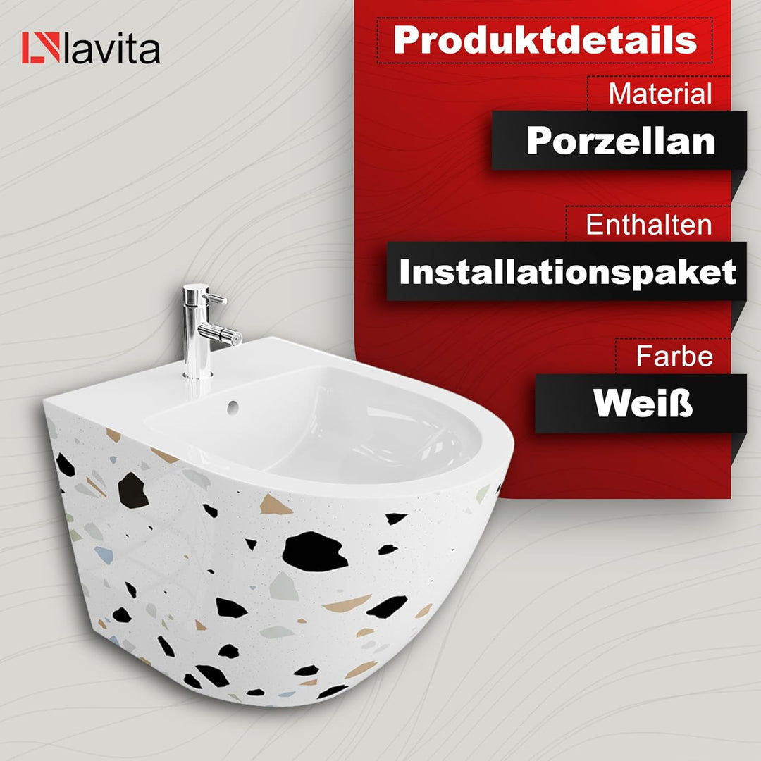 LAVITA Universal Wand-Bidet Sofi Stone mit Hahnloch und Überlaufschutz aus Keramik Sitzwaschbecken z