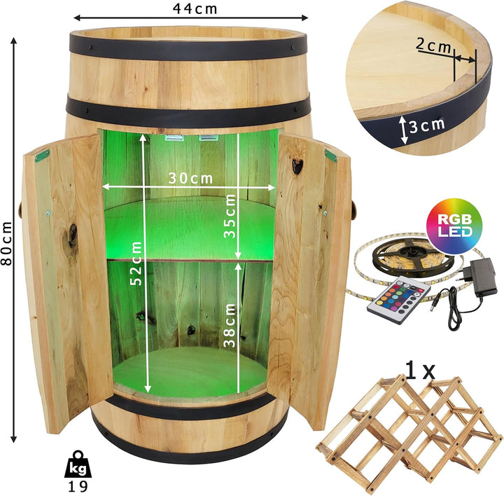 weeco - Fassbar mit Tür und Weinhalter RGB-LED-Beleuchtung - Weinregal. Hausbar Weinrack 80 cm. Rust