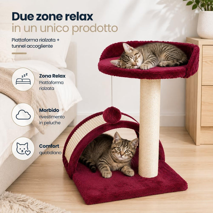 BAKAJI Kratzbaum für Katzen, aus weichem Velboa, mit Sisalstange, 50 cm, mit Spielball, Tunnel mit S