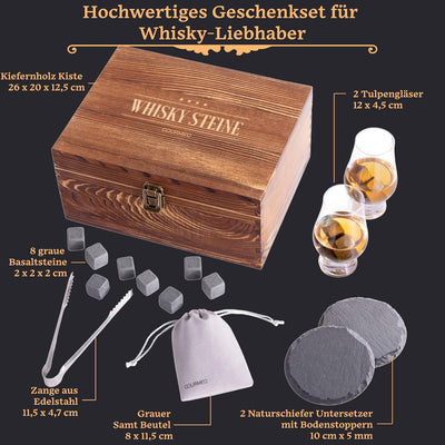 GOURMEO Whisky Stein Geschenkset - Set aus 2 Tulpen Whiskey Gläsern mit 8 Wiederverwendbaren Basalt