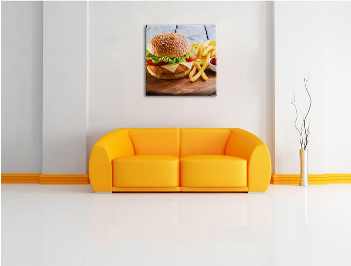 Chickenburger mit Pommes, Format: 70x70 auf Leinwand, XXL riesige Bilder fertig gerahmt mit Keilrahm