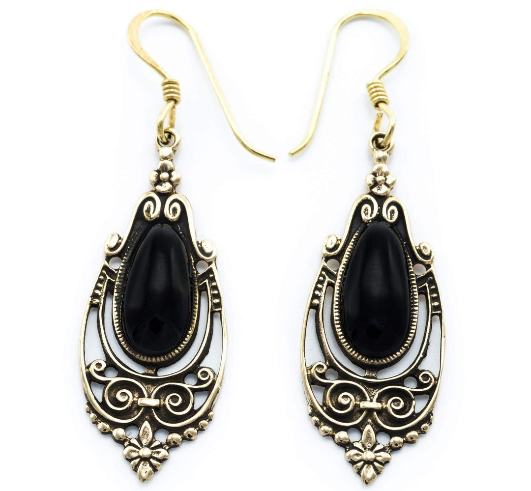 WINDALF Mittelalter-Ohrhänger TALINA h: 5 cm Onyx Edle Bronze