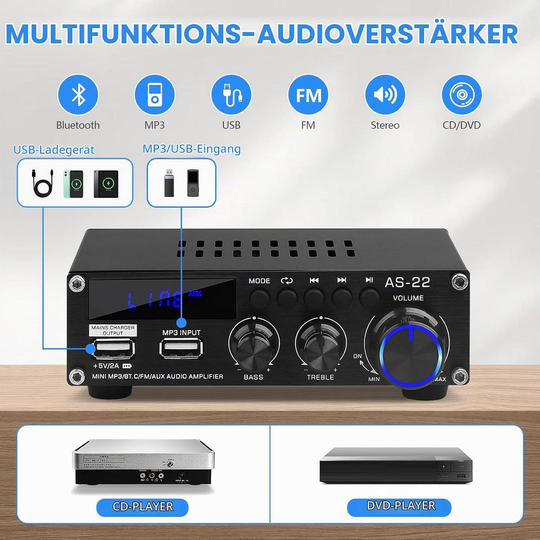 Bluetooth HiFi-Verstärker-AS-22 2.0 Kanäle Mini Stereo-Audioverstärker 40W x 2 Class D Digitale Powe