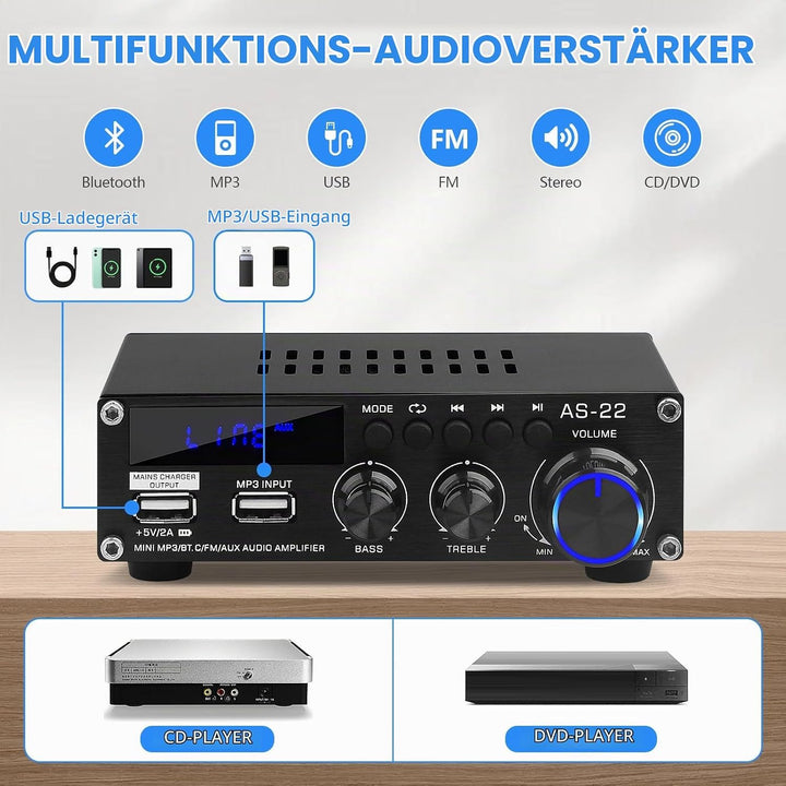 Bluetooth HiFi-Verstärker-AS-22 2.0 Kanäle Mini Stereo-Audioverstärker 40W x 2 Class D Digitale Powe