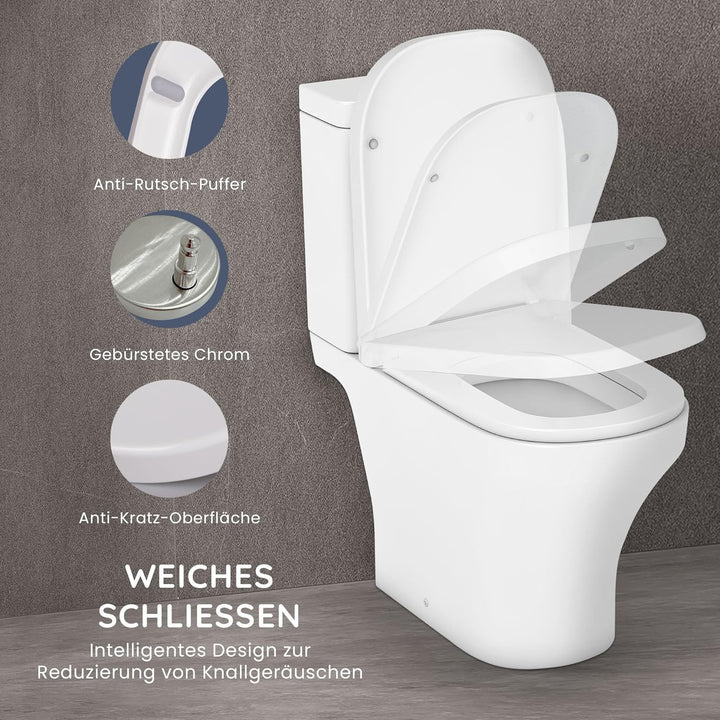 CUQOO Toilettensitz mit Absenkautomatik, quadratisch, hochwertiger robuster Toilettensitz mit Schnel