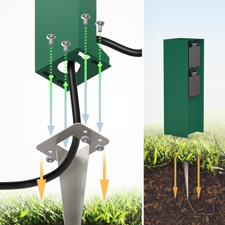 ledscom.de 3 Stück Garten-Steckdosen-Säule POMI mit Erdspiess für aussen, IP44, 2-Fach, grün, eckig,