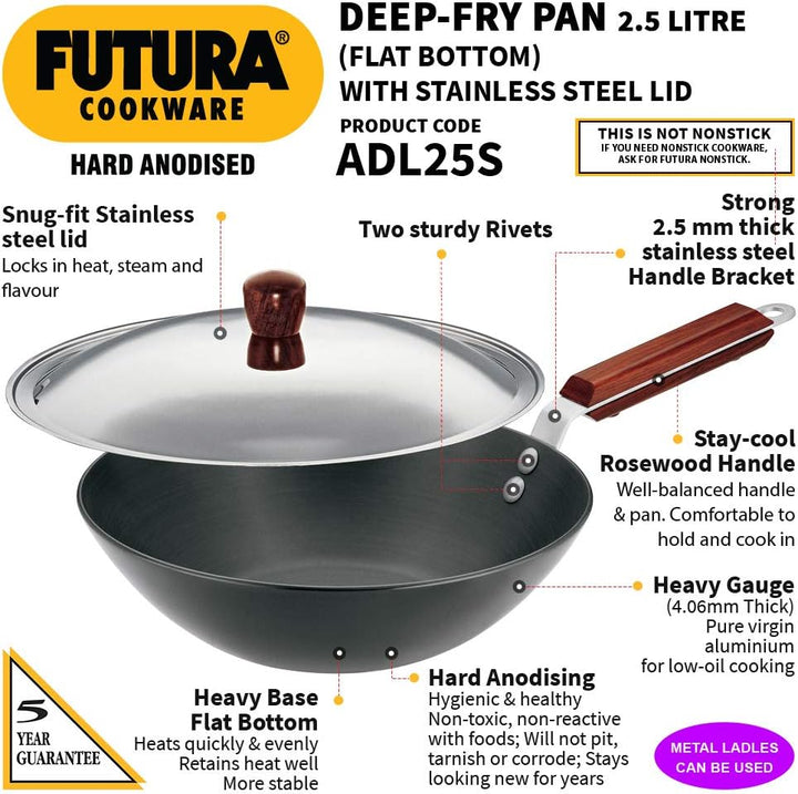 Futura Hard eloxiert deep-fry Pan (Kadhai) mit Stahl Deckel und flacher Boden 2.5L, 2.5L