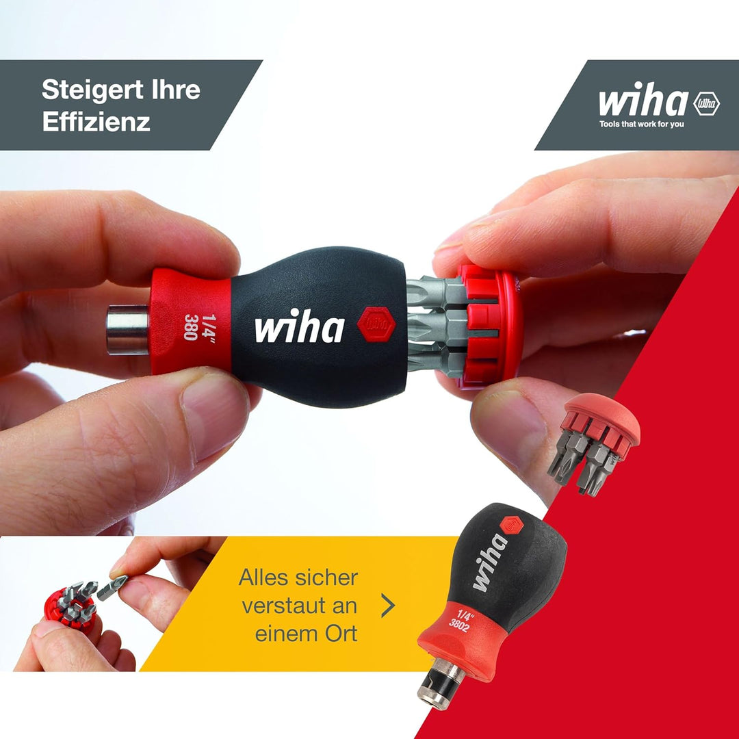 Wiha Schraubendreher mit Bit Magazin Stubby I mit 7 Doppelbits I 14 Werkzeuge in einem I Schlitz, Ph
