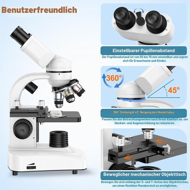Binokulares Mikroskop, 40X-1000X, Lineal verschieben, 4 Objektivlinsen, Grober und feiner Fokus, mit