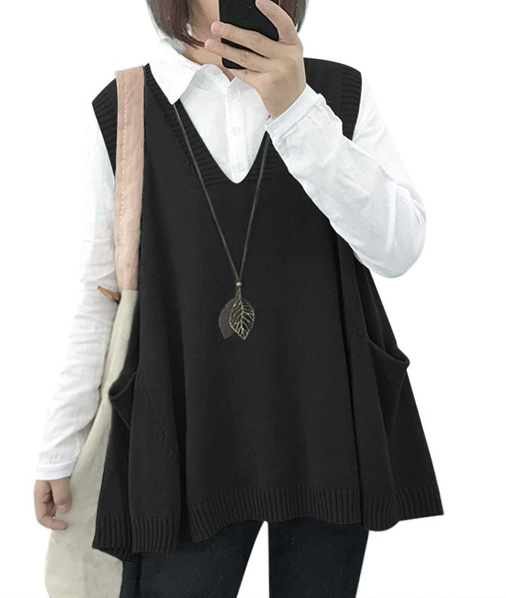 Janein Damen Pullunder ärmellos V Ausschnitt Stricken Weste Oversize Strickweste Beheizbare Tank Top