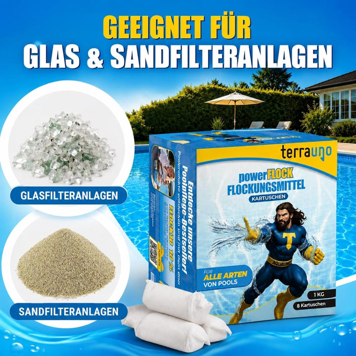 TerraUno Flockungsmittel Pool Kartuschen, 8 x 125g Flockkartusche für Sandfilter, Flockmittel Pool f
