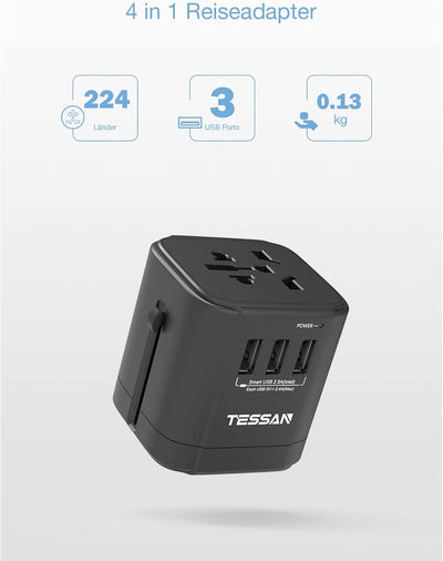 TESSAN Reiseadapter Weltweit, Steckdosenadapter Japan mit 3 USB A, Reisestecker Adapter Weltweit, Un