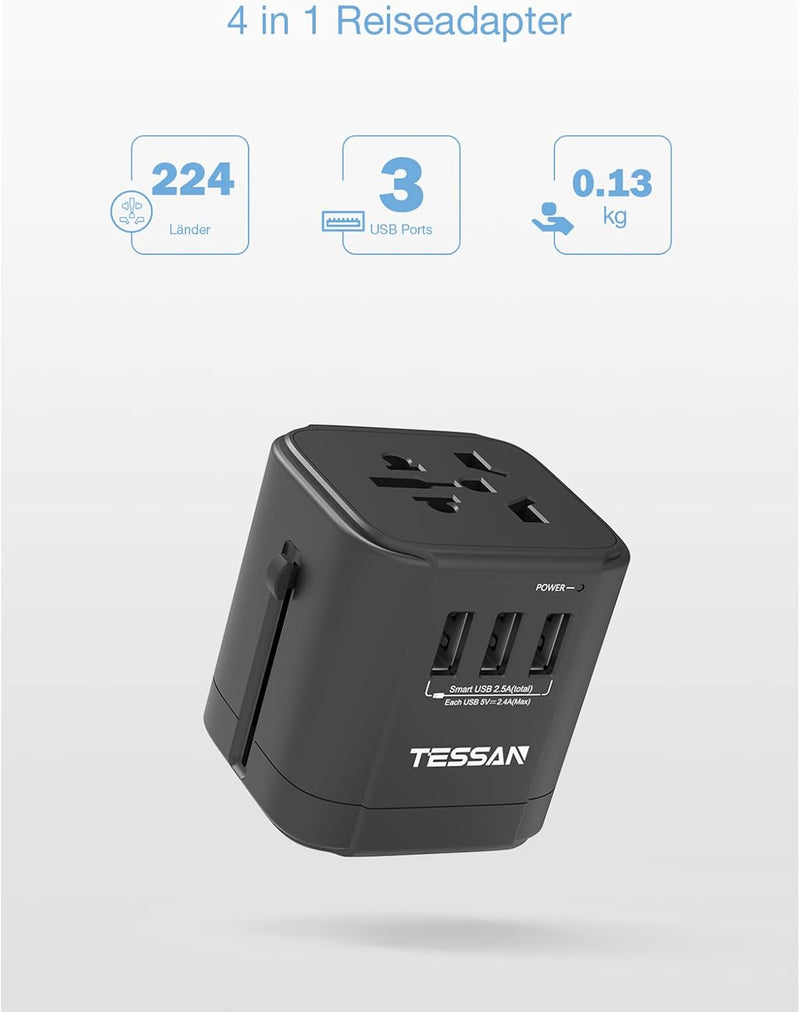 TESSAN Reiseadapter Weltweit, Steckdosenadapter Japan mit 3 USB A, Reisestecker Adapter Weltweit, Un