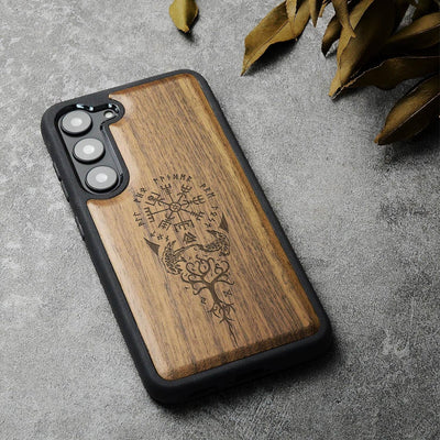 Carveit Handyhülle für Galaxy S23 Case [Holz und TPU Silikon Hybrid hülle] Stossfeste Stossstange ha