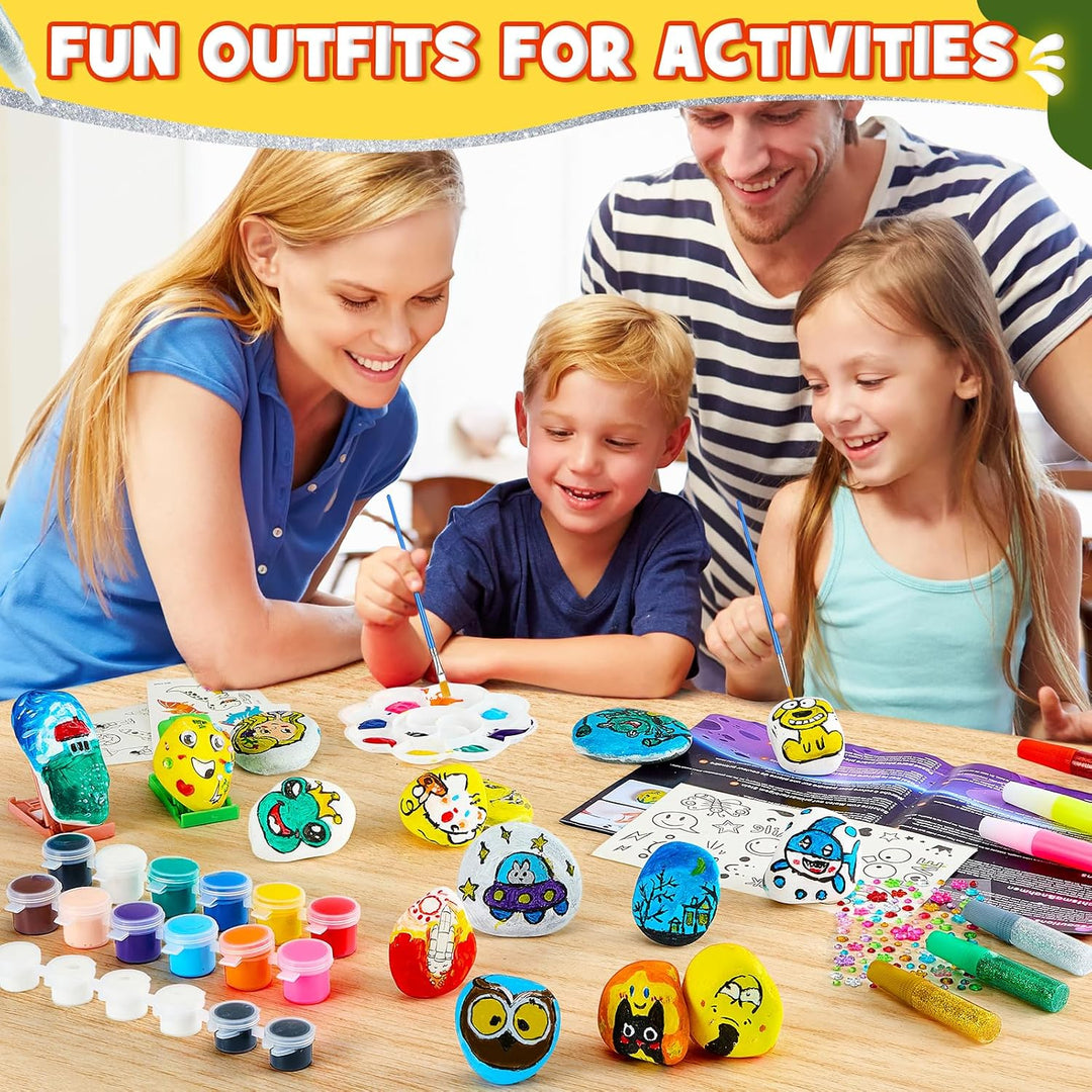 UPDOKIT Steine Bemalen Set Kinder, Bastelset Kinder ab 6 7 8 9 10 Jahre mit Leuchtfarbe &amp; Aufklebern