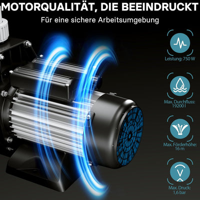 WilTec Poolpumpe 19200 l/h 750 W Schwimmbadpumpe Filterpumpe