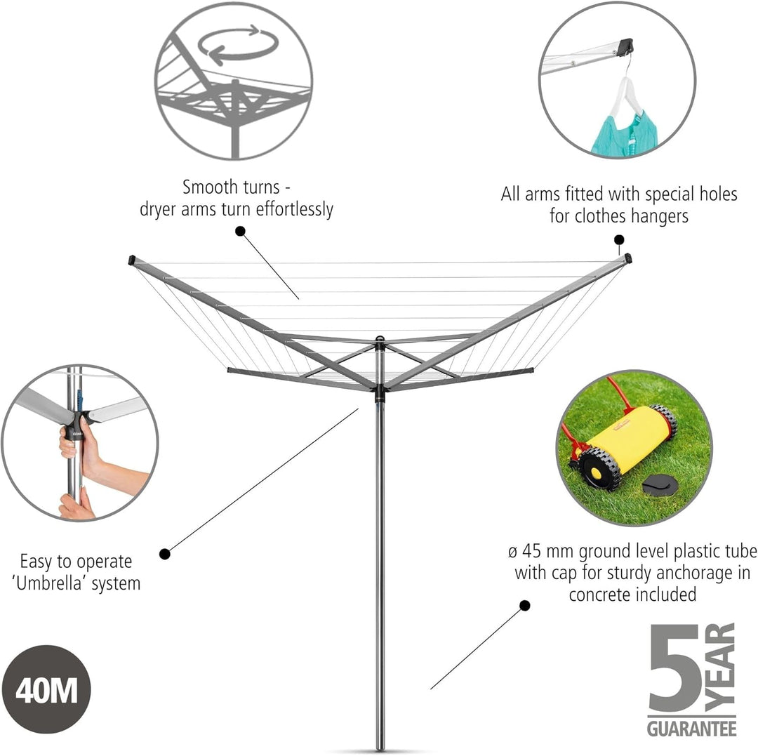 Brabantia - Topspinner Wäschespinne - Regenschirm'-System - UV-beständige Wäscheleine, 40 m - Reibun