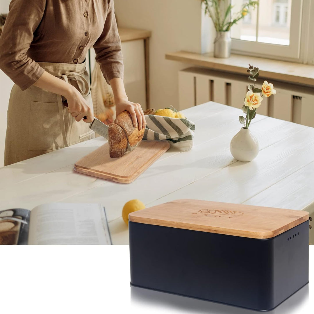 Theo&Cleo Brotkasten mit Schneidebrett , 33x21x15cm , Matte Brotbox mit Bambusdeckel und Leinen Brot