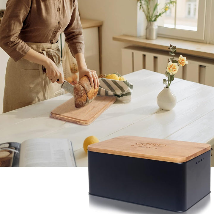 Theo&Cleo Brotkasten mit Schneidebrett , 33x21x15cm , Matte Brotbox mit Bambusdeckel und Leinen Brot