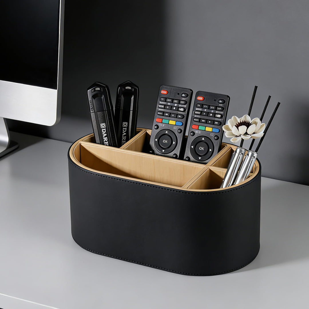 KINGFOM Schreibtisch Organizer aus Leder, Stiftehalter mit 5 Fächern, Ovaler Büro Organizer für Stif