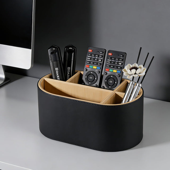 KINGFOM Schreibtisch Organizer aus Leder, Stiftehalter mit 5 Fächern, Ovaler Büro Organizer für Stif