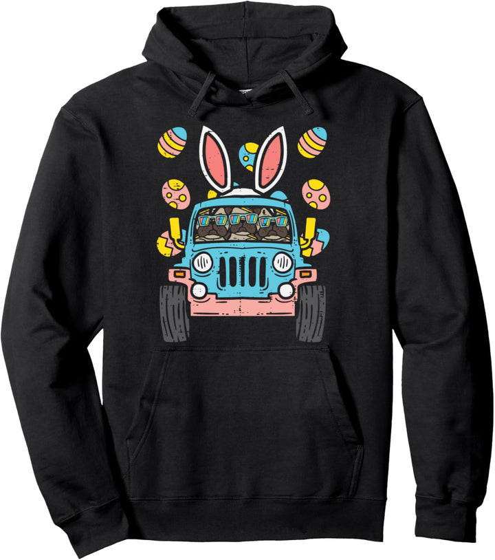 Pugs Monster Truck Bunny Ears Eggs Easter Egg Hunt Boys Kids Pullover Hoodie