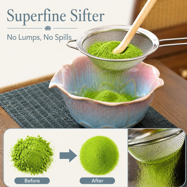 Matcha Set 5-teilig, Matcha Schale mit Ausgiesser in Blumenform Blau Rosa, Chasen, Bambusbesen, Chas