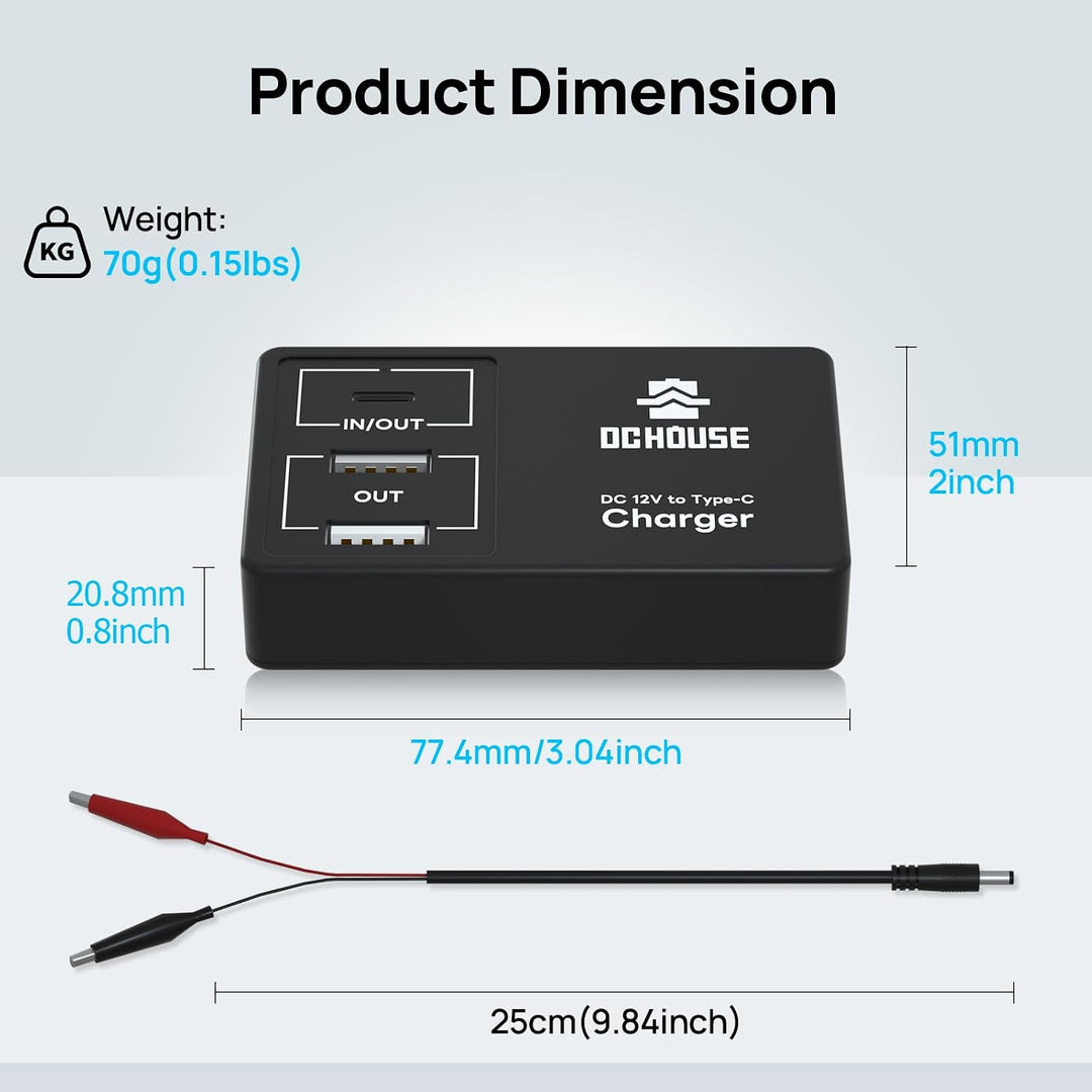 DCHOUSE 12V Lithium Batterie Ladegerät Adapter Konverter, DC zu Typ-C & USB,Bidirektionales Laden un