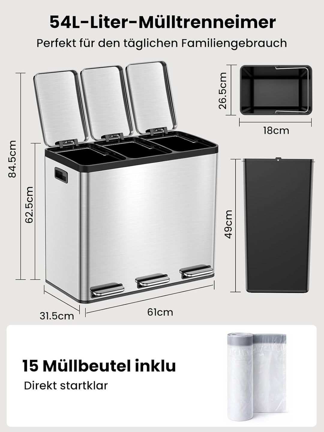 YEAUPE PRO Mülleimer Küche 3 x18L Edelstahl, 3 Fach Treteimer 54L Mülltrennungssystem, Abfalleimer m