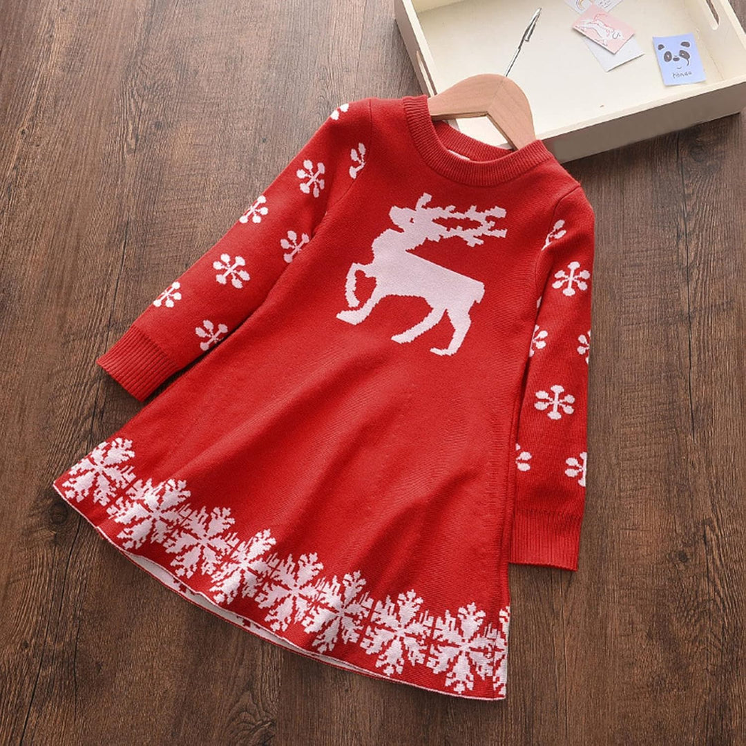 Weihnachtskleid Für Kinder, Strickkleid Weihnachten Mädchen, Pulloverkleid Rundhals Langarm Rentier