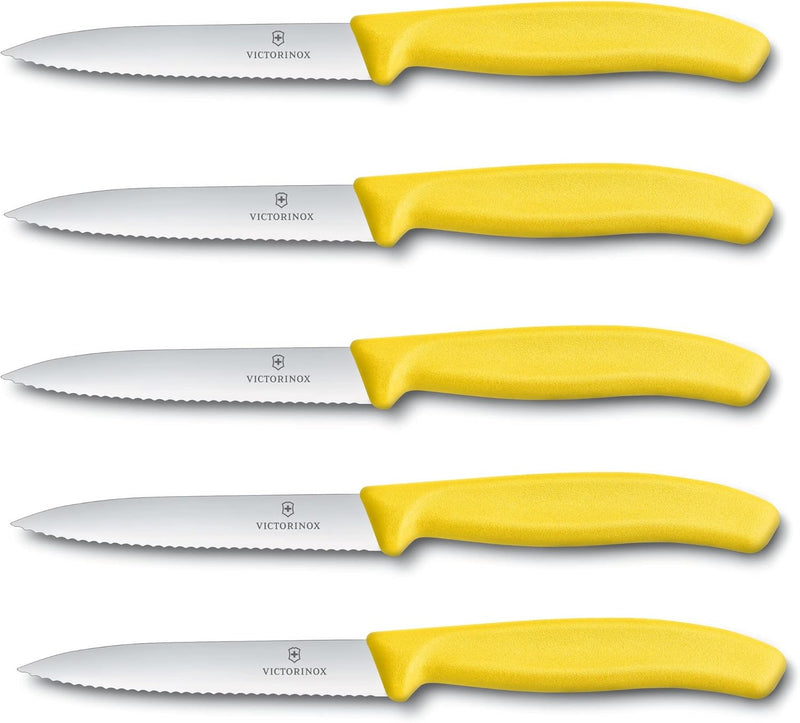 Victorinox 5-tlg Gemüsemesser Set Swiss Classic Gelb – 10 cm mit Wellenschliff – Tomatenmesser 5er S