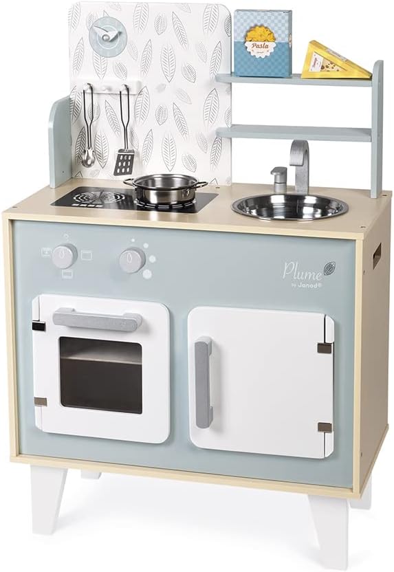 Janod - Küche ‘Plume’ - Kinderküche aus Holz mit Backofen, Edelstahlspüle, Schrank, Induktionskochpl