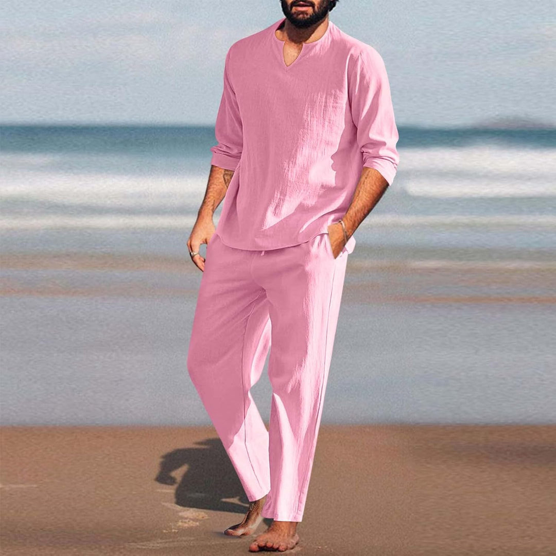 Duohropke Herren Leinenanzug Zweiteiler Sommer Freizeitanzug Leinen Hemd und Hose Männer Outfit Casu