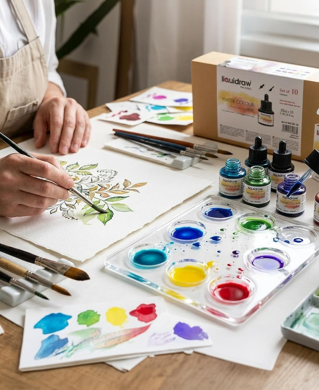 Liquidraw Aquarell-Zeichentinte, Set mit 10 verschiedenen Farben, 35-ml-Flaschen mit Tintentropfer,