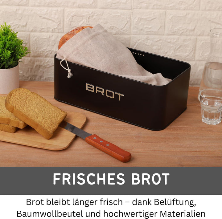 Brotkästen Metall mit Bambusdeckel – Moderne Brotbox Küche – Brot aufbewahren Inkl. Baumwollbeutel –