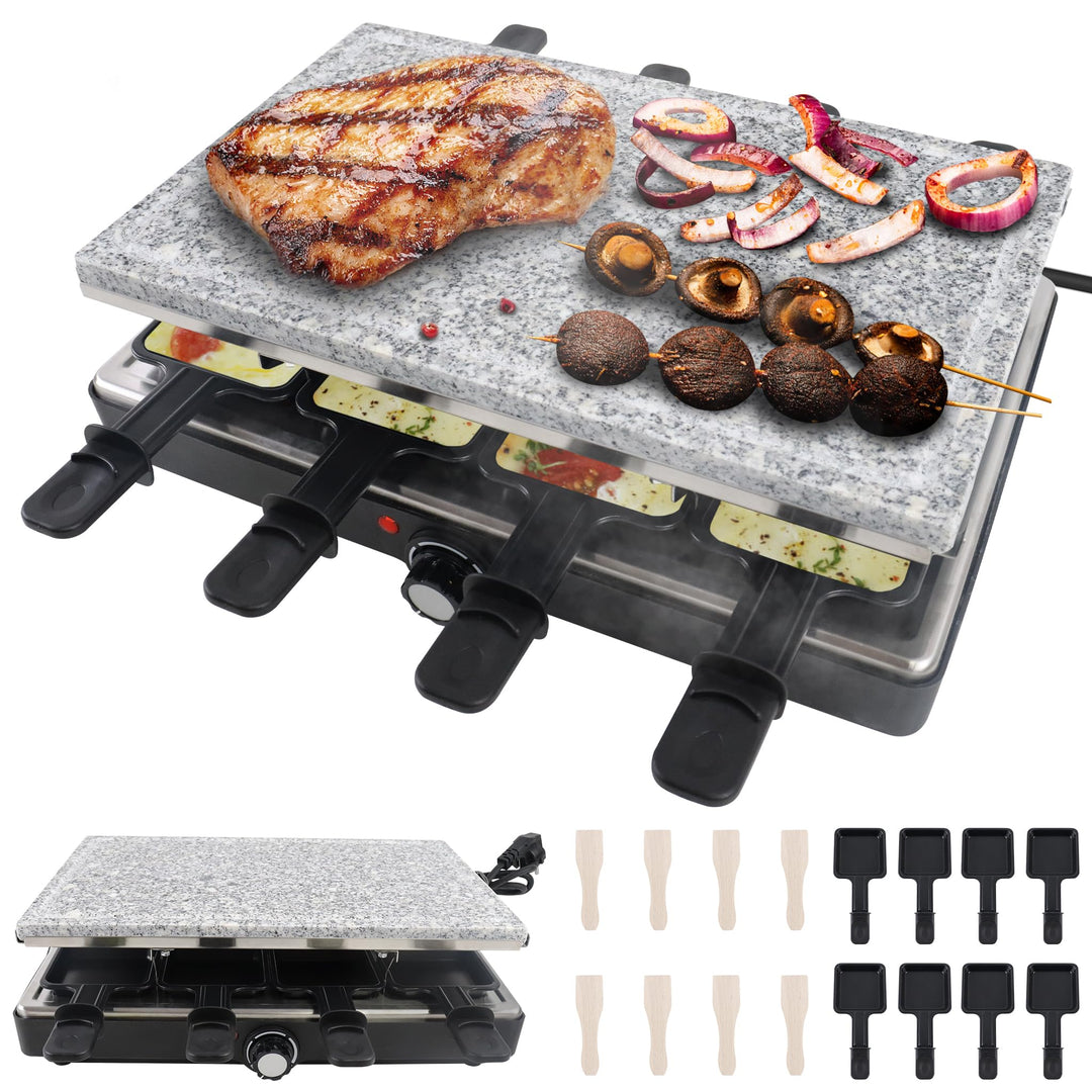 1400W Raclette Grill für 8 Personen Doppelstöckiger Tischgrill inkl. Antihaftbeschichtet, Steinplatt