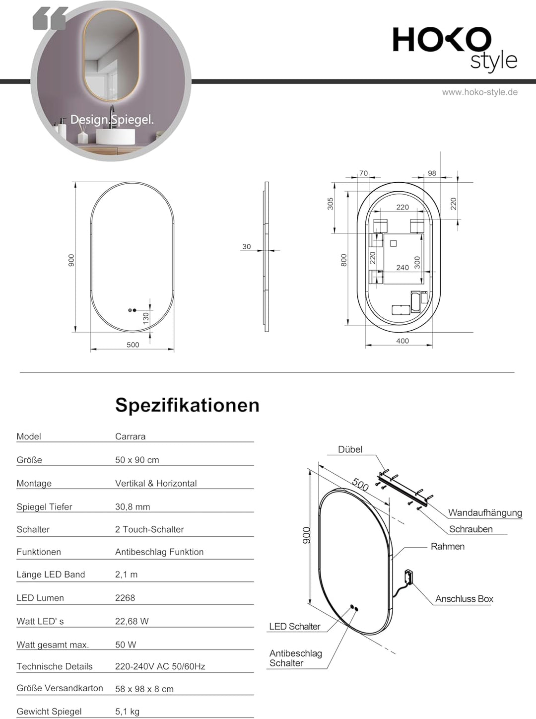 HOKO Design LED Antibeschlag Badspiegel oval 50x90 cm / 90x50 cm Carrara mit Metall Rahmen Gold. HOC