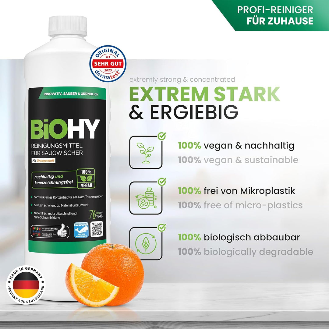 BiOHY Reinigungsmittel für Saugwischer mit Orangenduft (6 x 1 Liter) | 1:200 Konzentrat für alle Nas