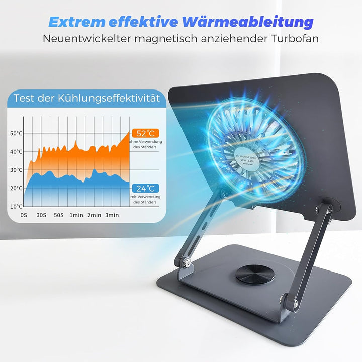 Laptop Ständer aus Aluminium, 360° Drehbar, Faltbar, mit Magnetischem Lüfter für Kühlung, Kompatibel