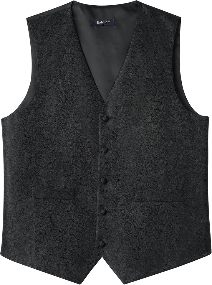 Enlision Herren Paisley Floral Jacquard Weste &amp; Krawatte und Pocket Square Weste Anzug Set XL Schwar